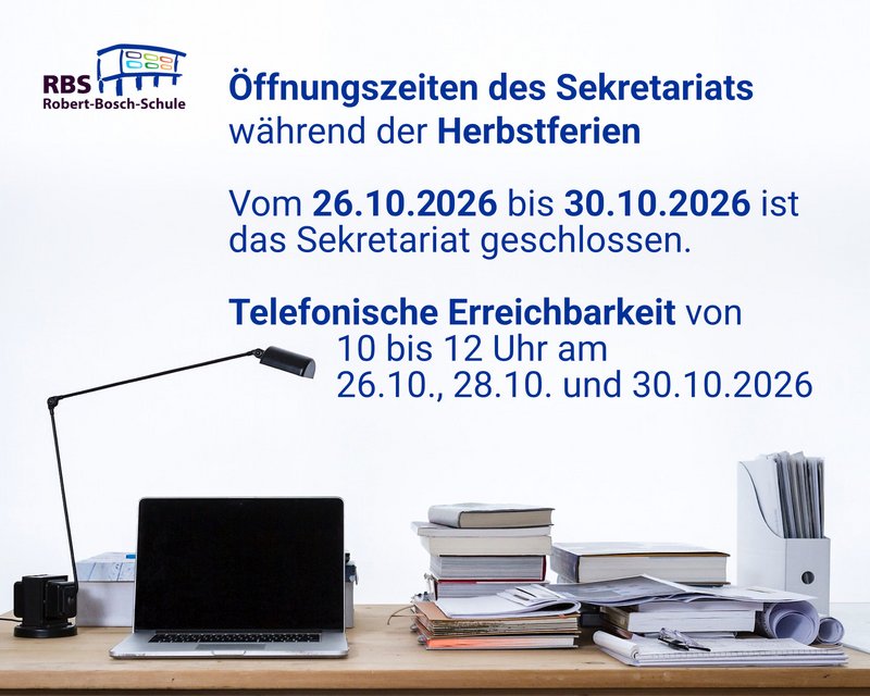 Öffnungszeiten des Sekretariates während der Herbstferien im Oktober 2026.